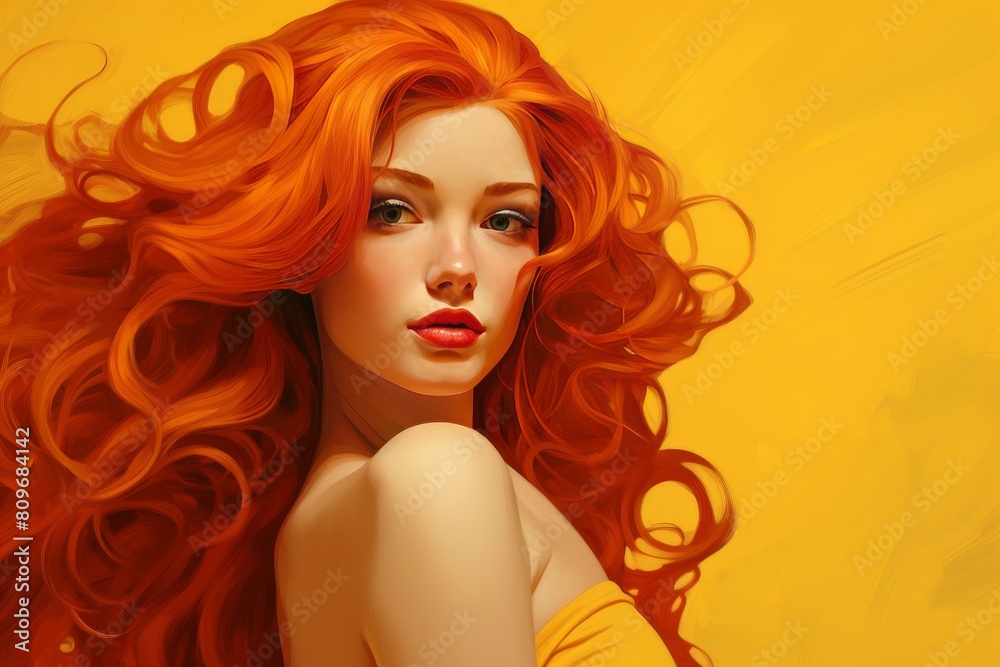 Vibrant portrait of a woman with flowing red hair and striking features
