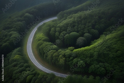 forest Drone view of single driving road along winding pass road between forest, ai generated image 