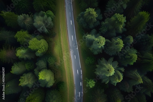 forest Drone view of single driving road along winding pass road between forest, ai generated image 