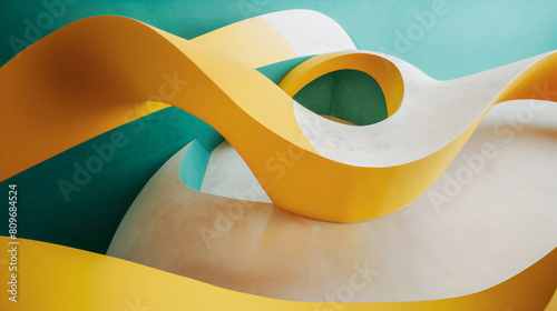 Abstract background depicting curved shapes made of yellow, green and white painted stone, concrete or cement.  photo