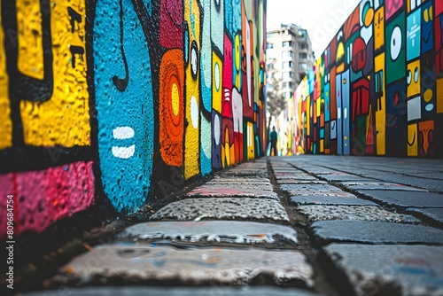 Close view of vibrant street wall with colorful background photo