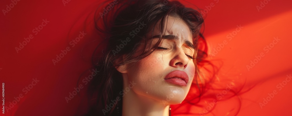 Beautiful young woman who is sad and crying on a red background. Beautiful young woman who is sad and crying on a red background.