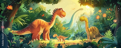 Nice children's illustration of dinosaurs in the nature.