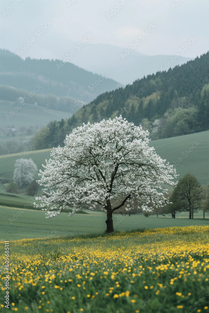 Solitary cherry blossom tree in full bloom on a serene meadow, flanked by yellow wildflowers with misty hills in the background - AI generated