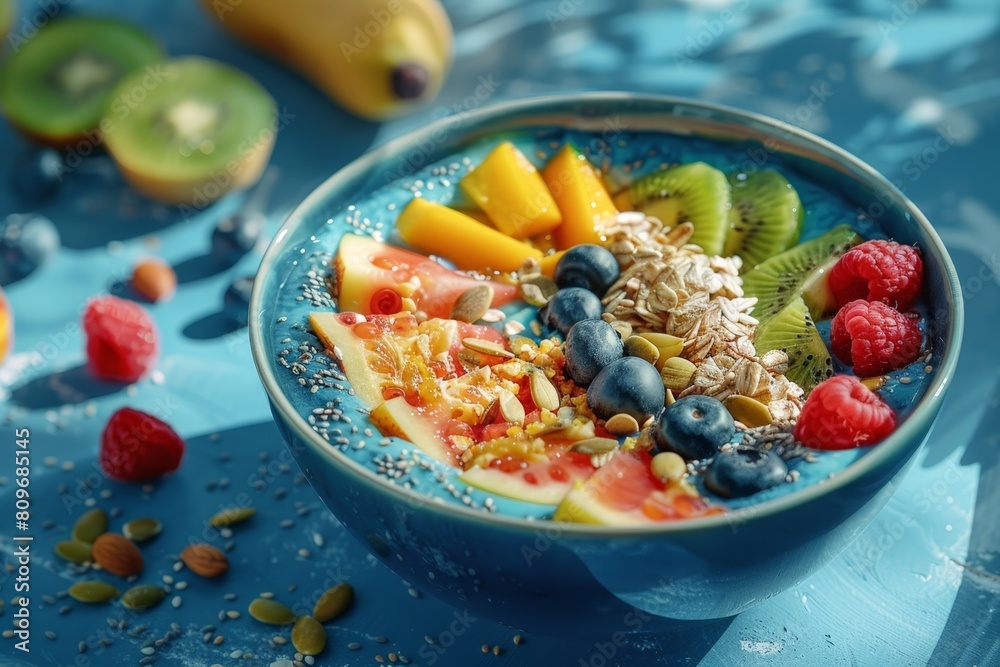 Delicious and nutritious fruit bowl featuring kiwi, blueberries, raspberries, and mango, adorned with oats and seeds, presented on a vibrant blue dish.