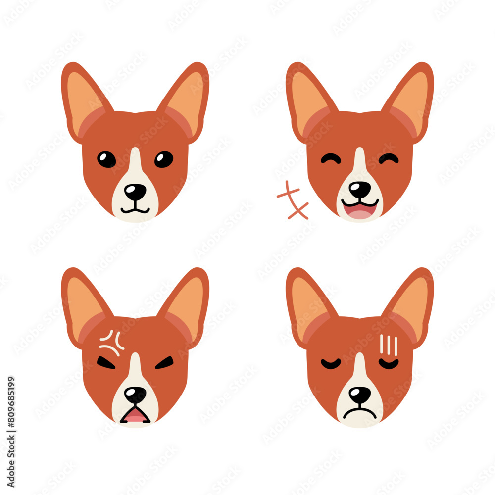 Set of character cute basenji dog faces showing different emotions for design. Set of character cute basenji dog faces showing different emotions for design.