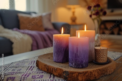 A cozy home atmosphere. A coffee table with lit candles on it in the living room.