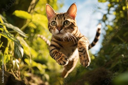 Environmental portrait photography of a happy bengal cat jumping in front of beautiful nature scene