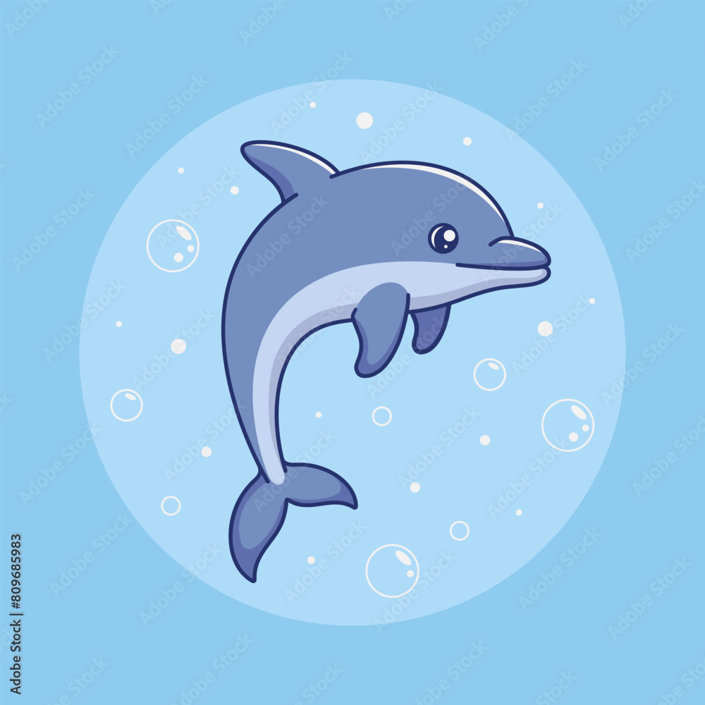 Obraz premium Vector illustration of playful dolphin. Stylized fish on blue background surrounded by water and bubbles.