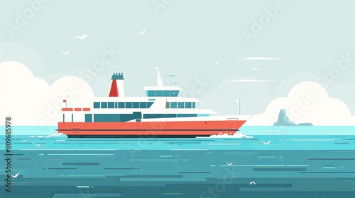 Minimalist ferry illustration with clear skies and calm seas, ideal for peaceful travel themes © Rade Kolbas