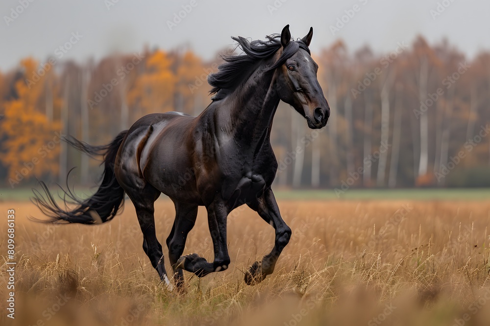 A black horse in motion amidst long grass field A black horse in motion amidst long grass field