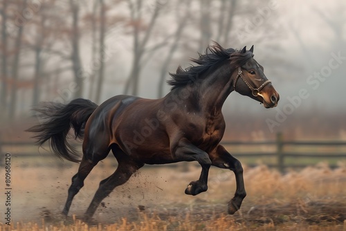 A horse running in a grassy field