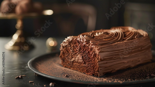 Decadent yule log cake with chocolate sponge cake and chocolate buttercream frosting.