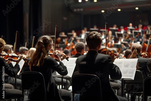 Orchestra members performing in concert with conductor and orchestra in background photo
