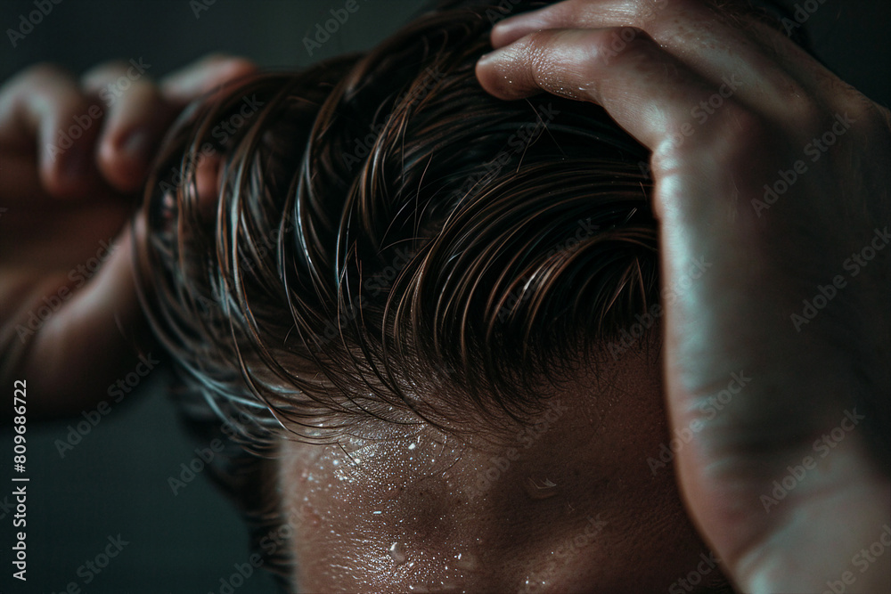 Naklejka premium Close up image of hands touch hair created with generative ai concept