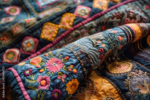 Close up of colorful quilted blanket with geometric design