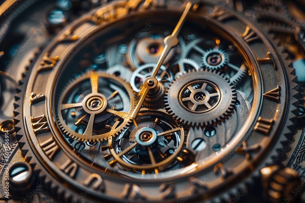 Close up of a gold-faced watch with visible gears