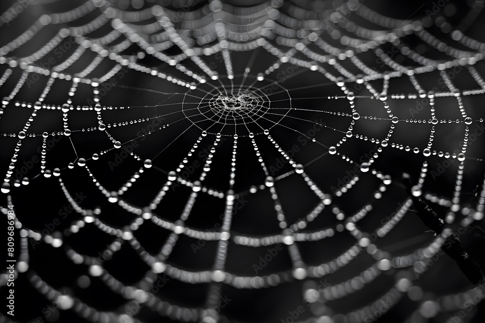 A close up of a spider web covered in water droplets