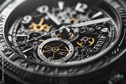 Close up of a black-faced watch with gold gears photo