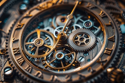 Close up of a gold-faced watch with visible gears