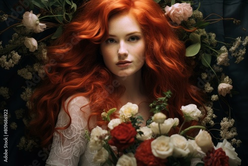 Stunning redhead woman with vivid hair, lying among a bed of blossoming flowers