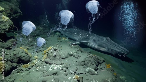 View of a whale and jelly fish on the deep sea,4k video background  photo