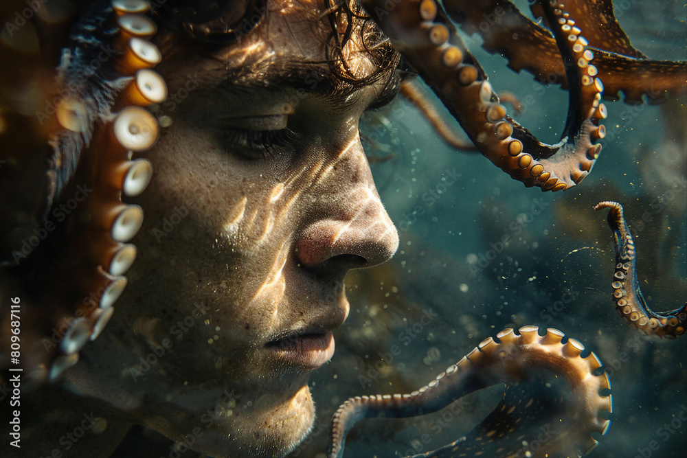 Fototapeta premium Underwater swimming created with generative ai person enjoys summer pleasant water swimming diving