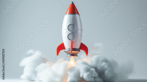 Toy rocket upswing spewing smoke. Startup space isolated on a gray background