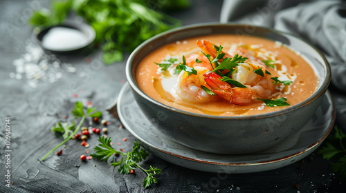 Elegant seafood bisque garnished with fresh herbs and a drizzle of cream. photo