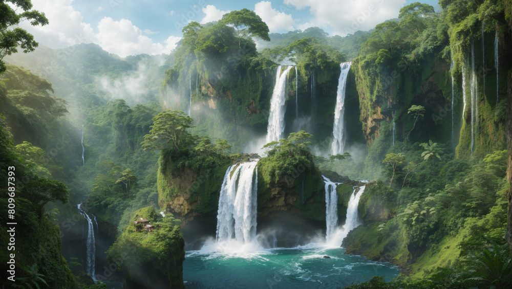 A digital painting of a waterfall in the jungle. 
