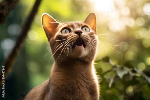 Close-up portrait photography of a cute burmese cat licking fur in beautiful nature scene