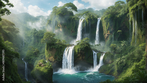 A digital painting of a waterfall in the jungle. 