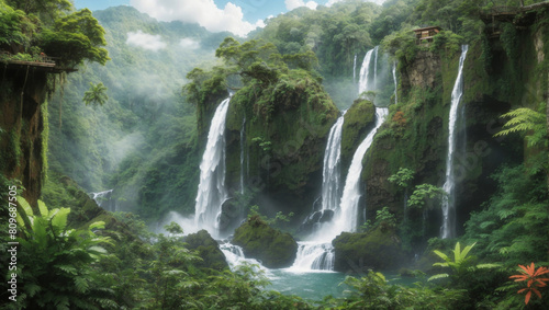 A digital painting of a waterfall in the jungle. 