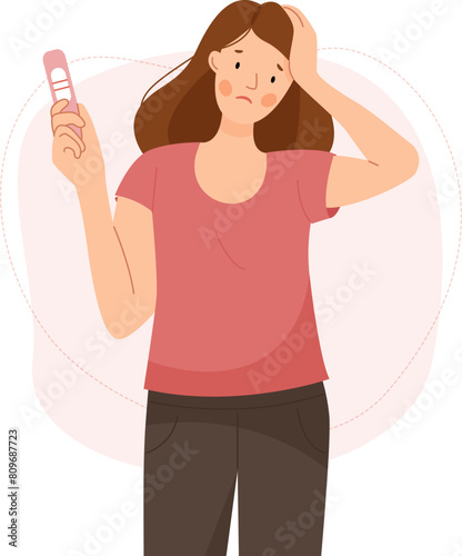Scene with a unhappy pregnancy woman holding a positive pregnancy test. Two lines.