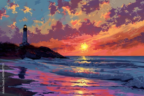 A painting of a lighthouse on a beach at sunset photo