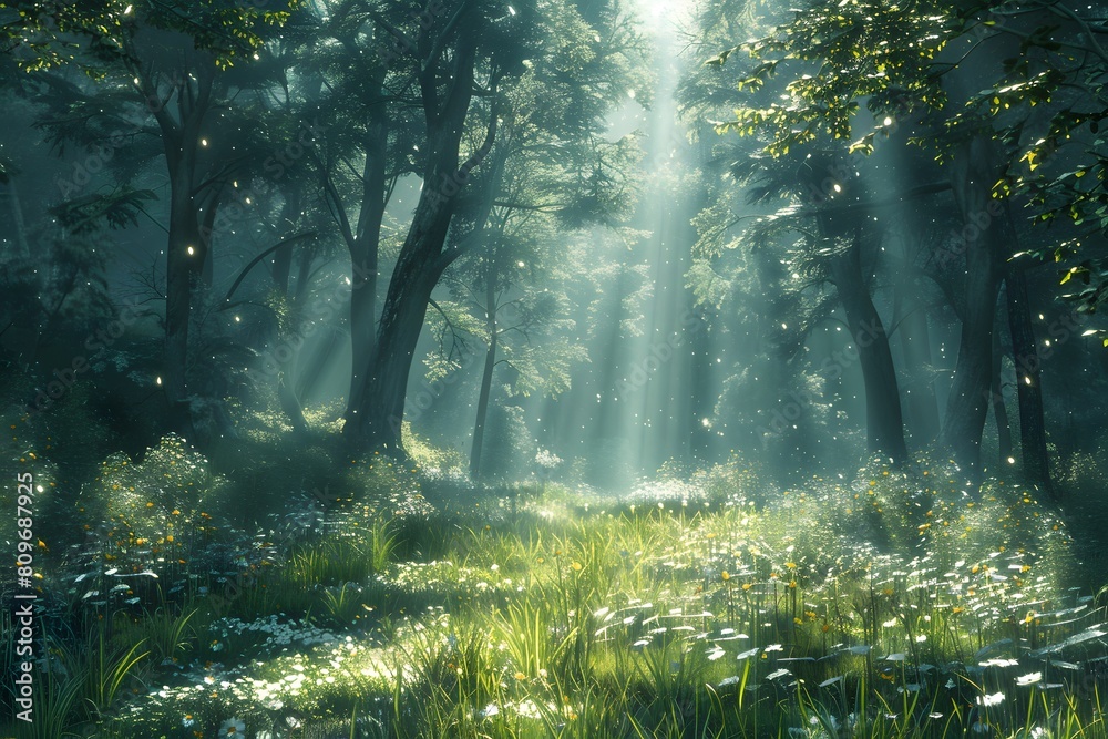 Obraz premium Sunlight filtering through woodland foliage with green grass and wildflowers