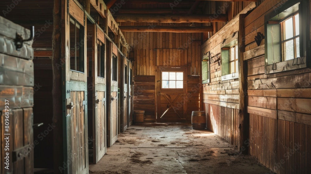 Large horse farm stable interior.