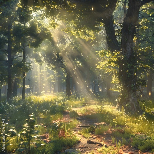 Sunlight filtering through forest trees beside a trail