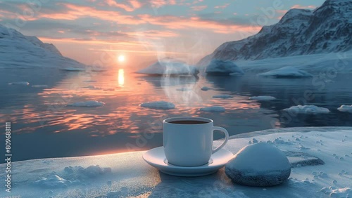 landscape of a cup coffee in the north pole, 4k video background photo