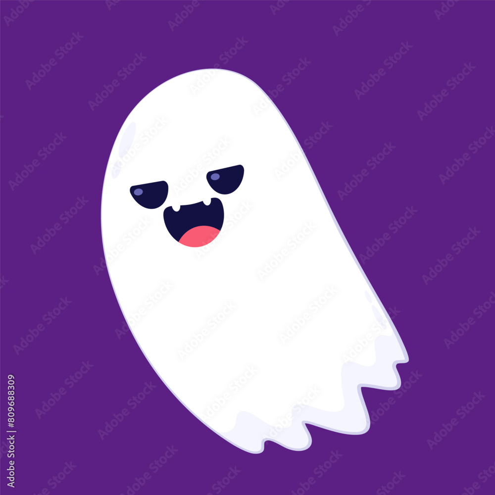 Cute ghost floating with Halloween pumpkin basket for Trick or Treat. Funny spooky boo character. Spook phantom with happy smiling face expression. Isolated kids flat vector illustration. Cute ghost floating with Halloween pumpkin basket for Trick or Treat. Funny spooky boo character. Spook phantom with happy smiling face expression. Isolated kids flat vector illustration.