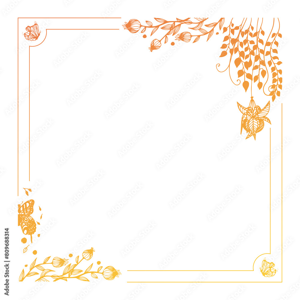 Obraz premium Abstract floral doodle template for scrapbooking, photo. Abstract floral doodle template for letters. Templates for paper correspondence. Printable templates. Rainbow photo frame with butterflies.