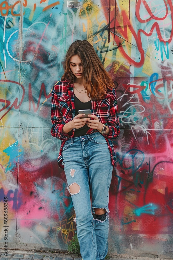 Woman Leaning Against Wall With Cell Phone