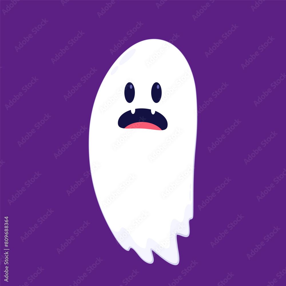Cute ghost floating with Halloween pumpkin basket for Trick or Treat. Funny spooky boo character. Spook phantom with happy smiling face expression. Isolated kids flat vector illustration. Cute ghost floating with Halloween pumpkin basket for Trick or Treat. Funny spooky boo character. Spook phantom with happy smiling face expression. Isolated kids flat vector illustration.