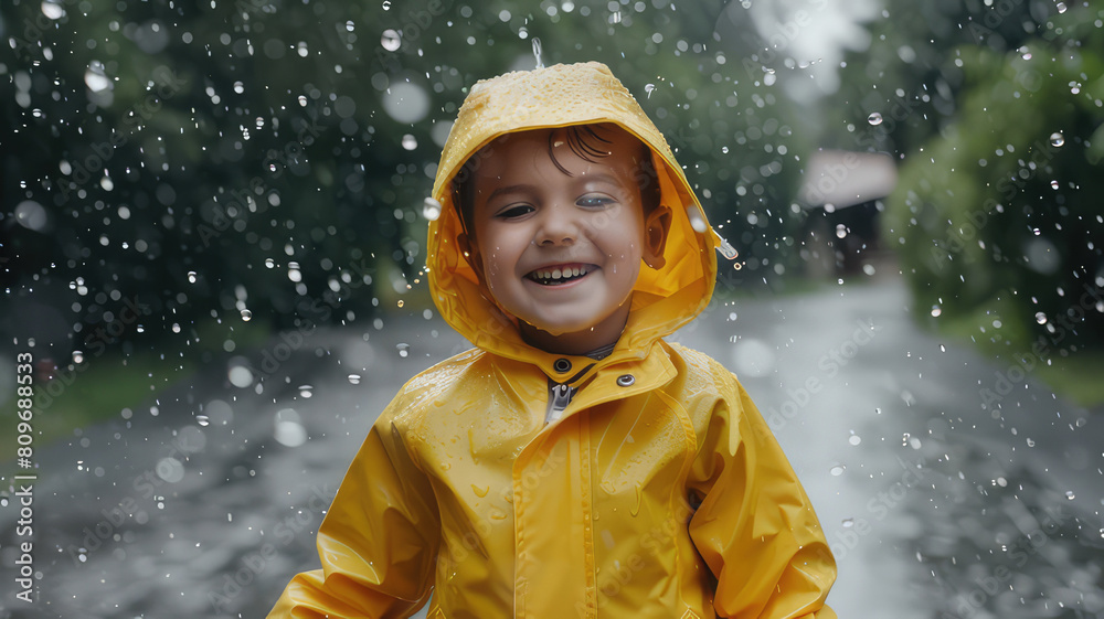 Boy in yellow raincoat, Child having fun on rainy Boy in yellow raincoat, Child having fun on rainy