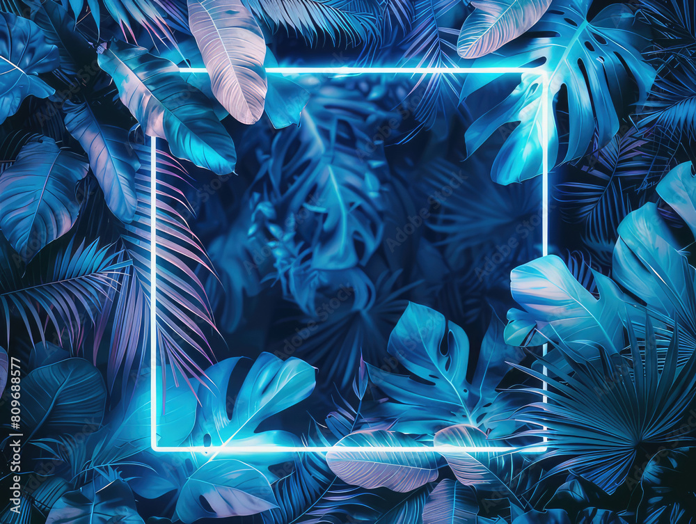 Naklejka premium Neon square frame surrounded by tropical leaves natural background