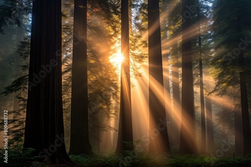 Vibrant Redwood forest sunrays. Bark natural. Generate Ai