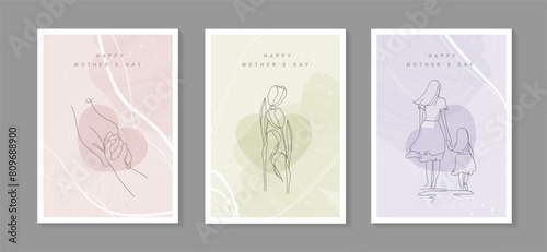 Happy Mother's Day with line art child, hands, flowers and hearts. mom hugging her baby. hand drawn for Happy International Mother's Day card, loving family, parenthood childhood concept. vector.