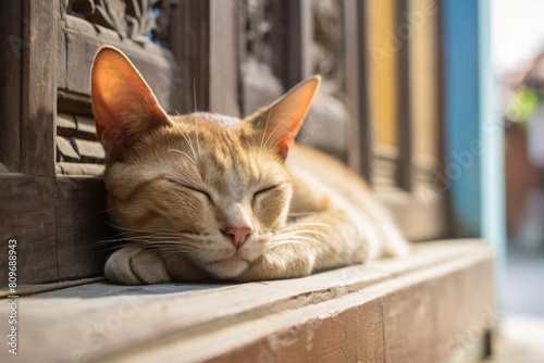 Close-up portrait photography of a happy abyssinian cat napping on vintage-looking door photo