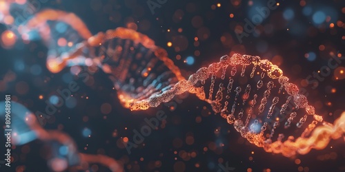 A highly detailed, glowing representation of a DNA helix with a backdrop of bokeh symbolizing life and biotechnology