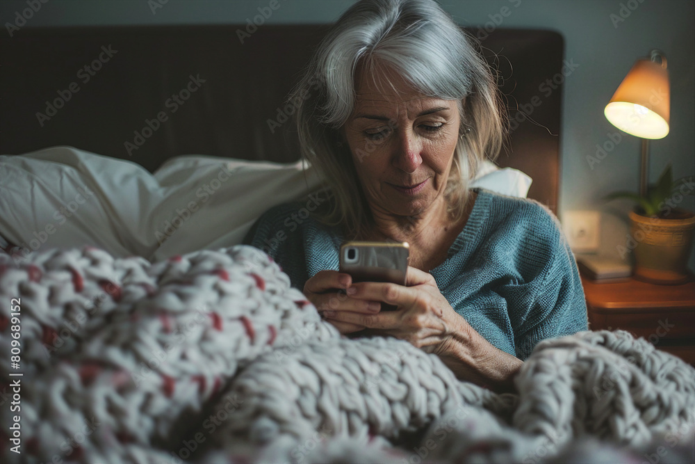 Generative AI illustration happy homey sleepy person lying in bed browsing laptop smartphone lazy morning evening Generative AI illustration happy homey sleepy person lying in bed browsing laptop smartphone lazy morning evening
